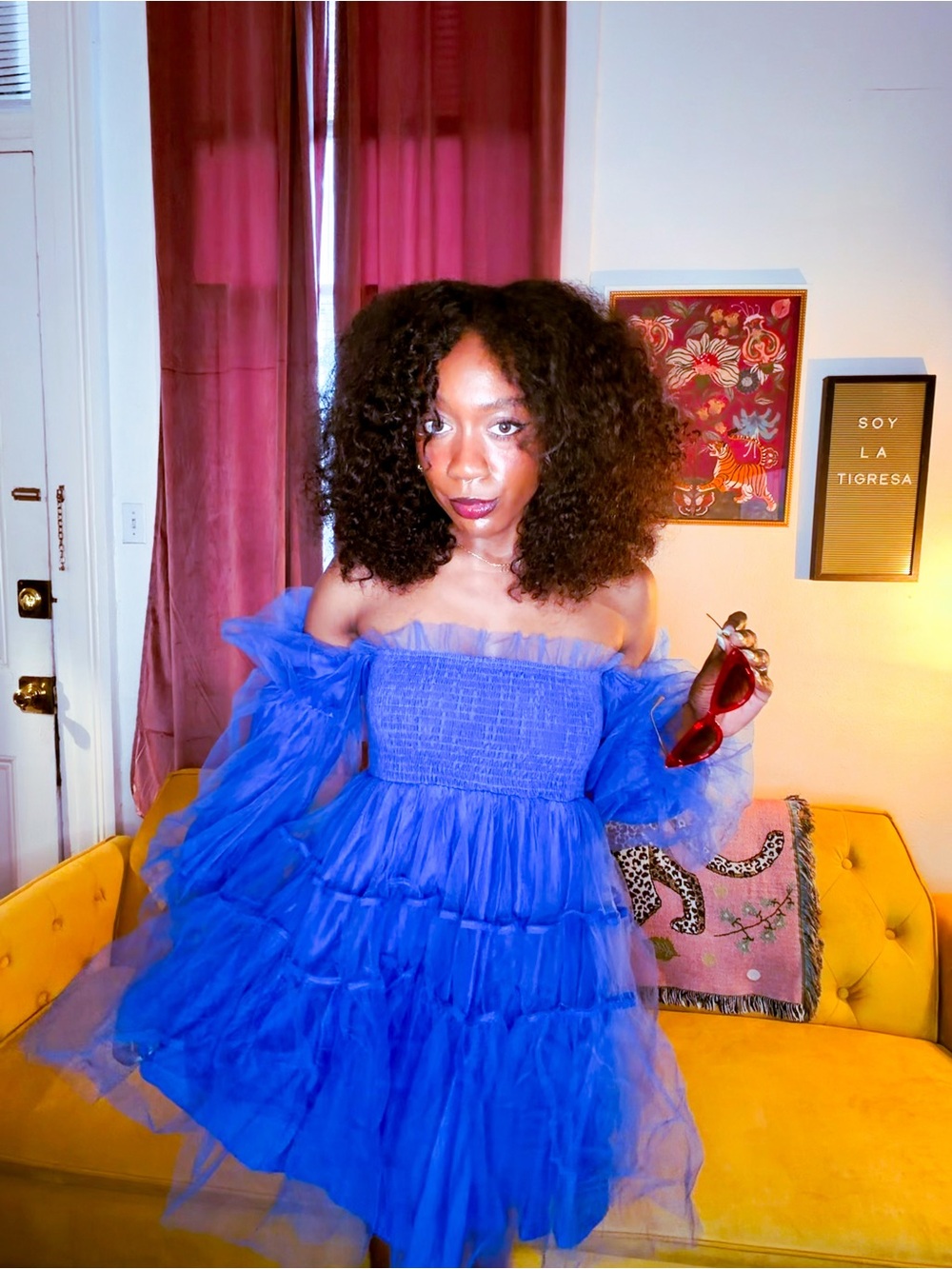 Blue Off-Shoulder Tiered Tulle Dress